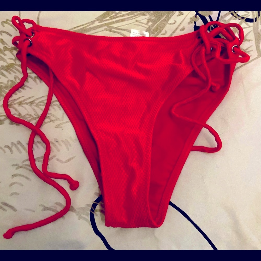 Cherry Red Nylon Mesh Jersey Like Tie Side Stretchy Bikini Swim Bottoms SM Med L
